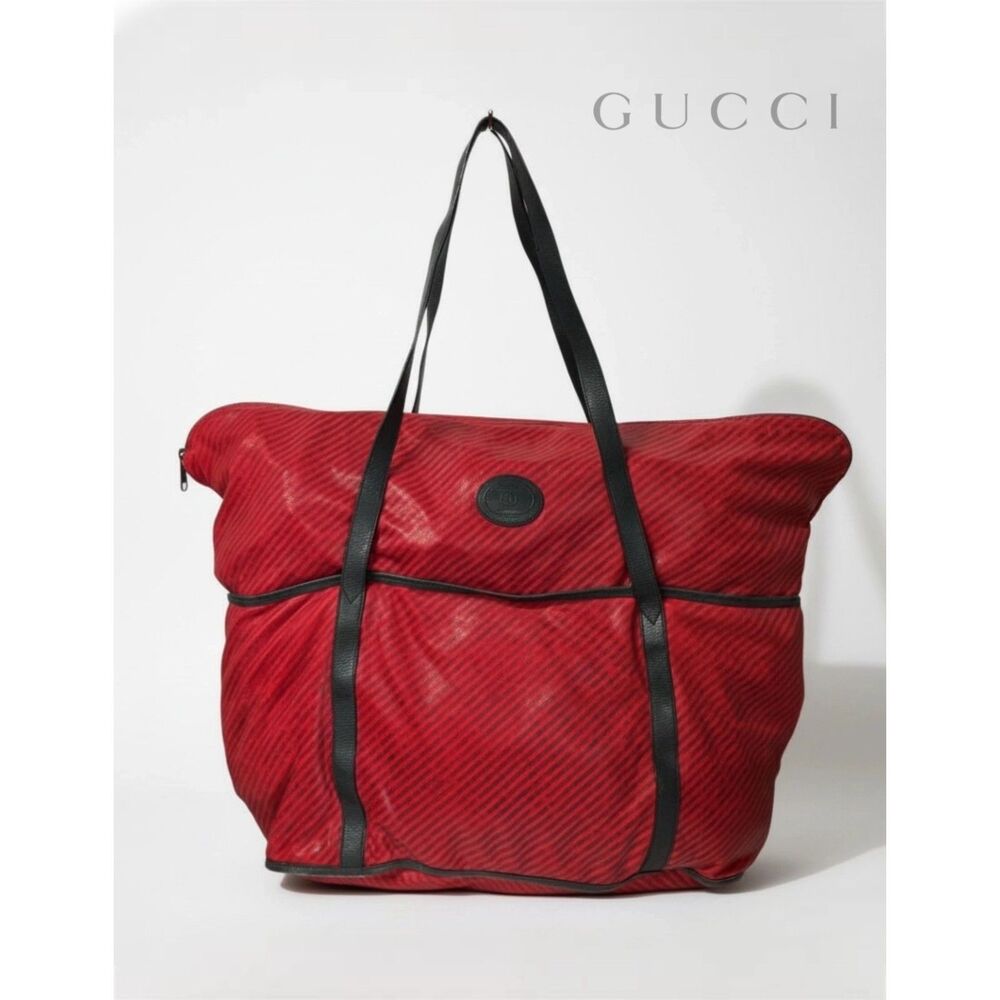 Gucci XL Travel Tote Red & Black Stripe Vintage 90s Weekender Bag w/ Pouch, Rare